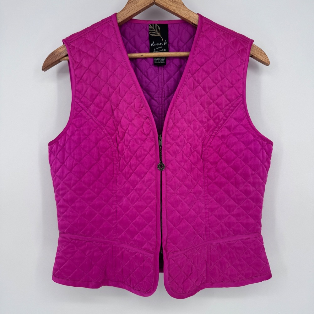 Dana B. and Karen 100% SILK Quilted Vest Magenta Pink Size 6 Diamond Quilt Zip